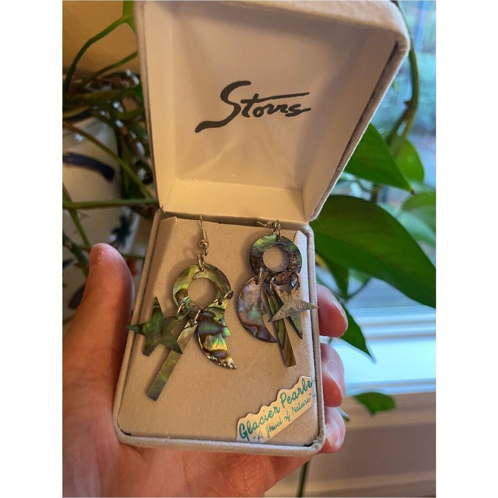 Abalone Glacier Pearls Shell Celestial Moon & Star Dangle Earrings - Picture 2 of 13